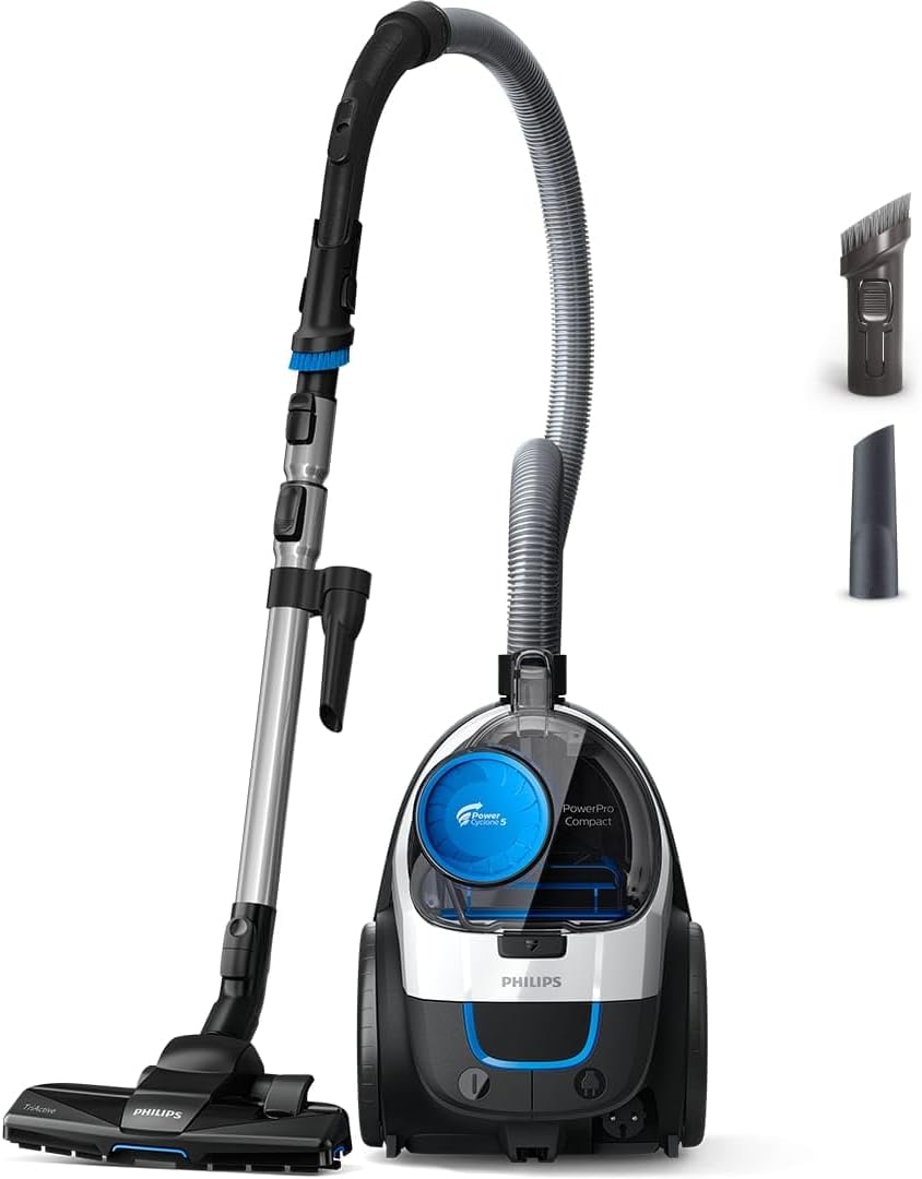 Philips PowerPro Compact Staubsauger – Leicht, Kabellos und Beutellos, 900 W Saugleistung, TriActive Düse Für Hartböden und Teppich, Allergy H13 HEPA-Filter, PowerCyclone 5 Technologie (FC9332/09)