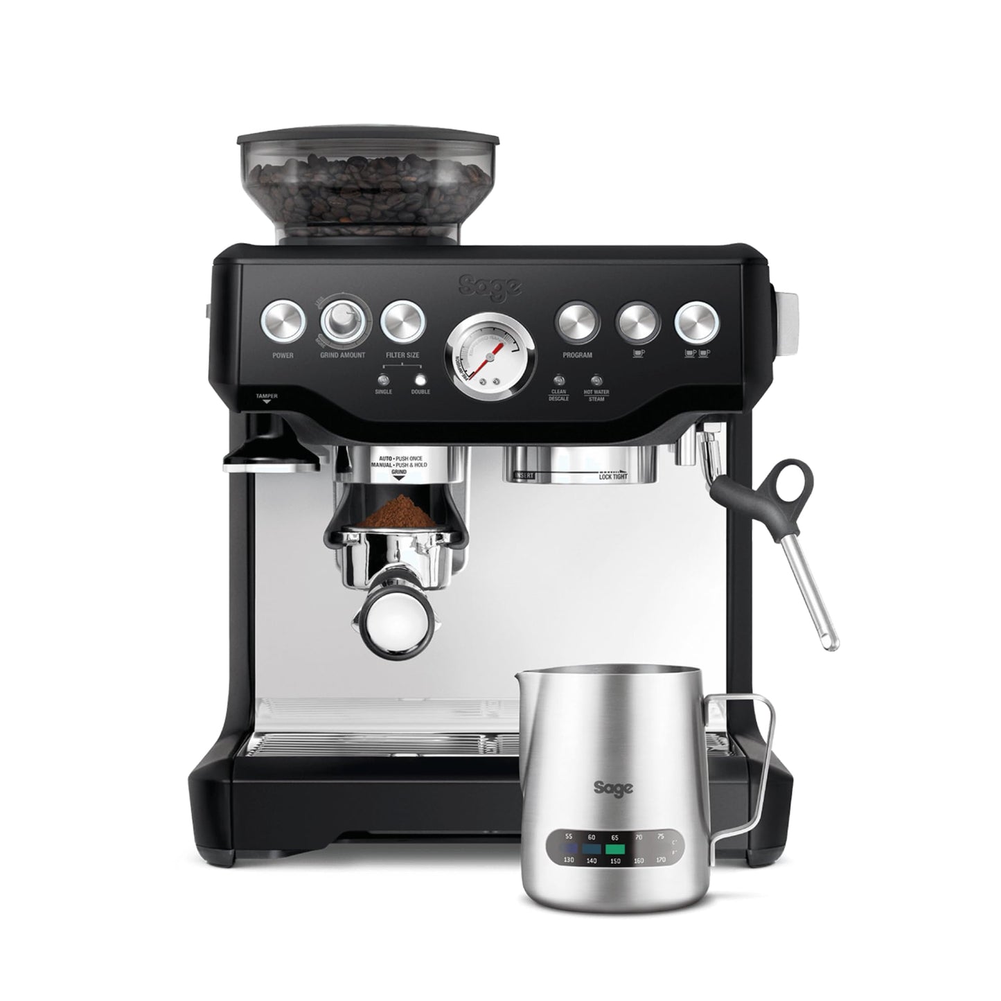Sage - The Barista Express - Kaffeemaschine mit manuellem Milchaufschäumer & integriertem Mahlwerk - 16 Mahlgradeinstellungen, automatisches Mahlen, individueller Milchschaum - Gebürsteter Edelstahl