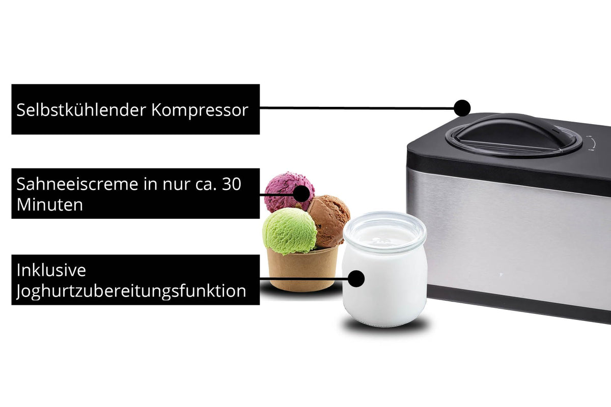 Unold 48826 EVA Eismaschine & Joghurtbereiter, Kompressor, 1,5 L, Eiscreme in ca. 30 Min., mit Timer