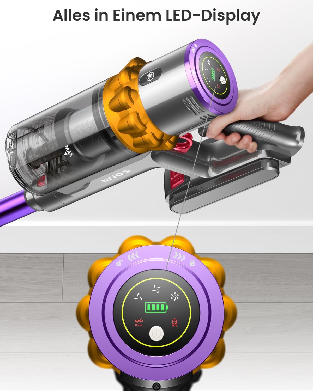 Anyson 45000Pa/550W/70Min Staubsauger Kabellos, 1.6L Akku Staubsauger Super Leise, Akkustaubsauger Selbstladender mit LED Display/Anti-Tangle-Bürste, Stabstaubsauger für Hartböden Teppiche Tierhaare