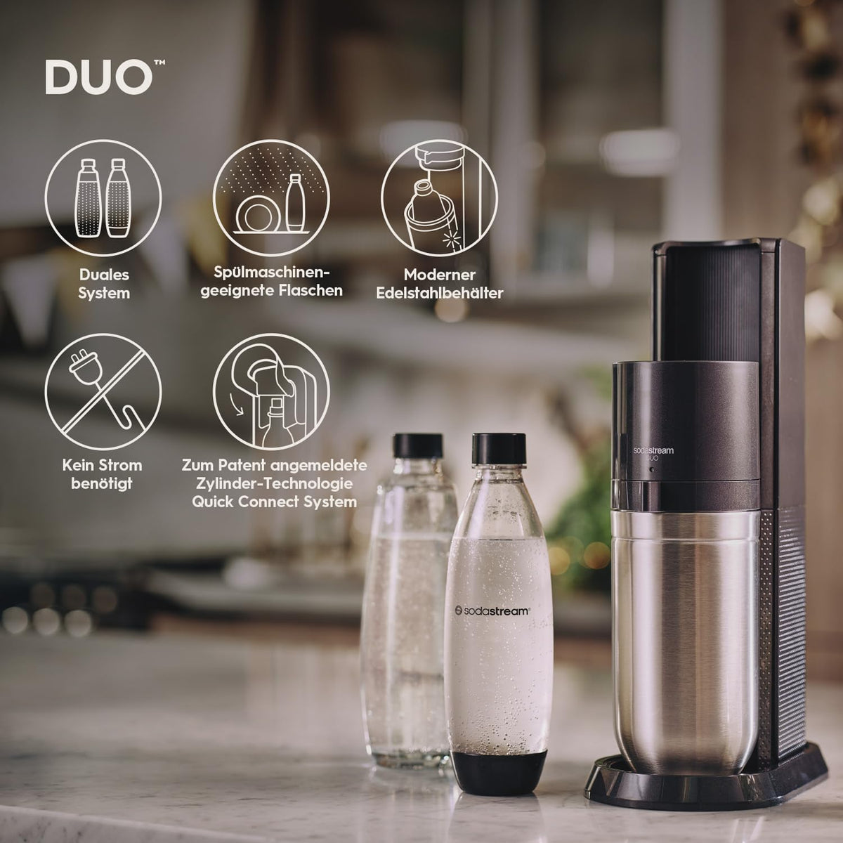 SodaStream Wassersprudler DUO mit Quick-Connect CO2-Zylinder| inkl. 2x 1L Glasflasche und 2x 1L FUSE Kunststoffflasche (spülmaschinengeeignet) | Farbe: Titan
