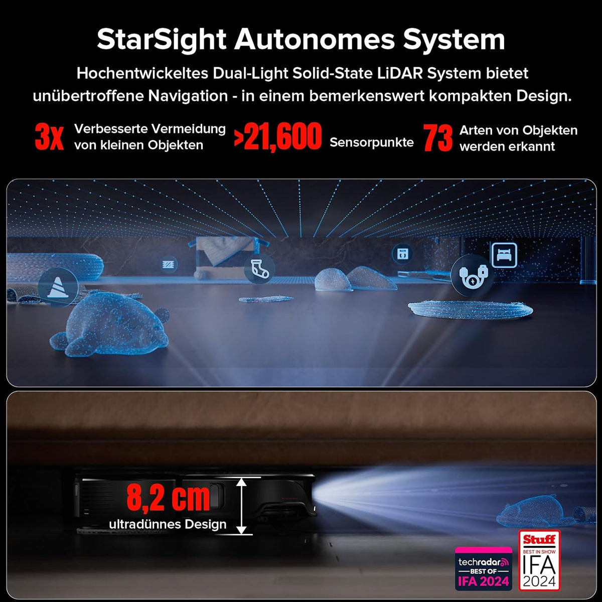 roborock Qrevo Slim Saugroboter mit Wischfunktion – 8,2 cm Ultra-Slim Design, StarSight 3D ToF Navigation, 11,000Pa HyperForce Saugleistung, 8-in-1 Dock, FlexiArm Seitenbürste