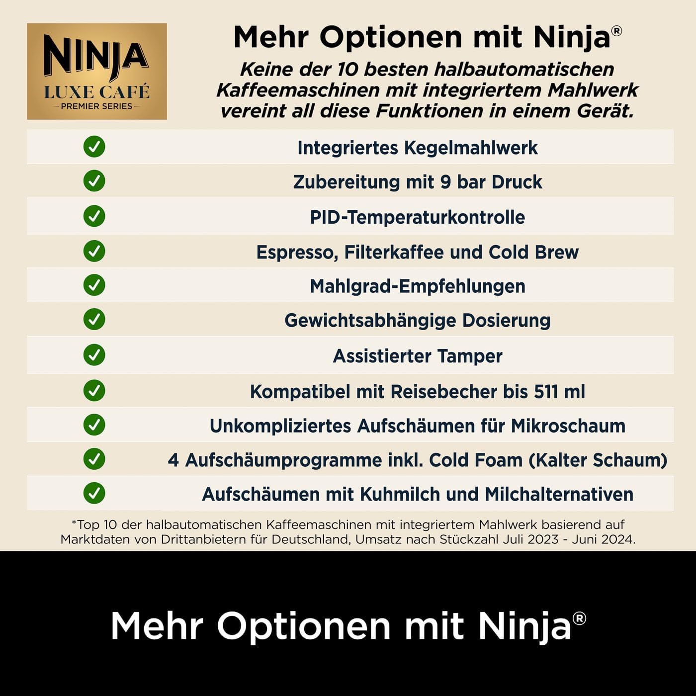 Ninja Luxe Premier 3-in-1-Kaffeemaschine mit Mahlwerk und Aufschäumer für Latte, Cappuccino, Cold Brew & Espresso, einfache Handhabung, 4 Voreinstellungen zum Aufschäumen, Silber, ES601EU