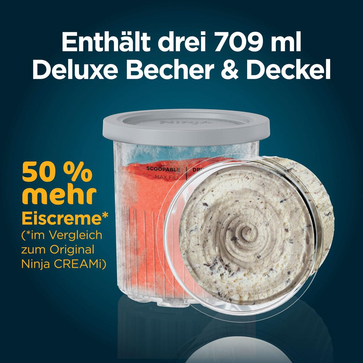 Ninja CREAMi Deluxe Eis-und Eisgetränkmaschine mit 3 Bechern, 10 Funktionen, macht Eiscreme, Gelato, Sorbet, Frozen Yoghurt, Milchshakes, Slushi & mehr, 2-in-1 Geschmacksoption, Silber, NC501EU