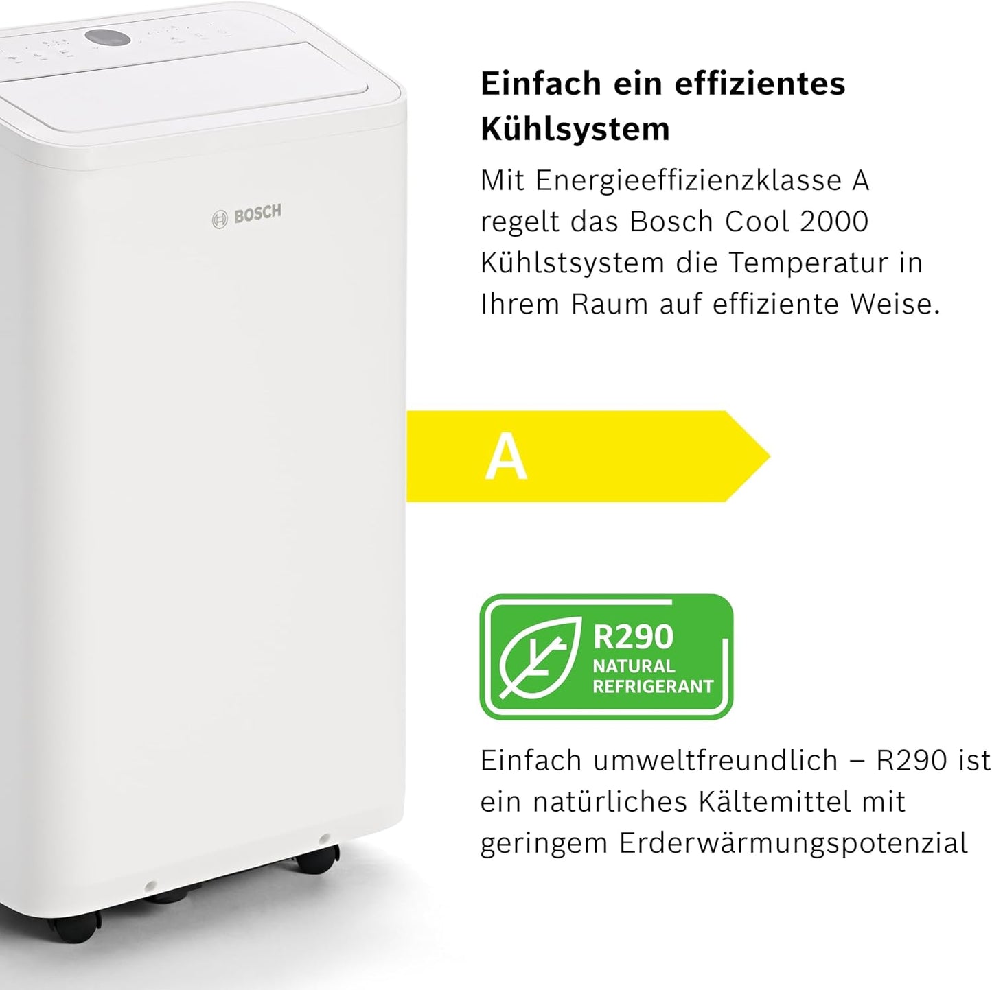 Bosch Cool 2000 Mobiles Klimagerät - 3-in-1: Klimagerät, Luftentfeuchter, Ventilator - 2,6 kW Kühlleistung für Räume bis zu 35m² - Auto-Modus, Silent-Modus & Sleep-Modus