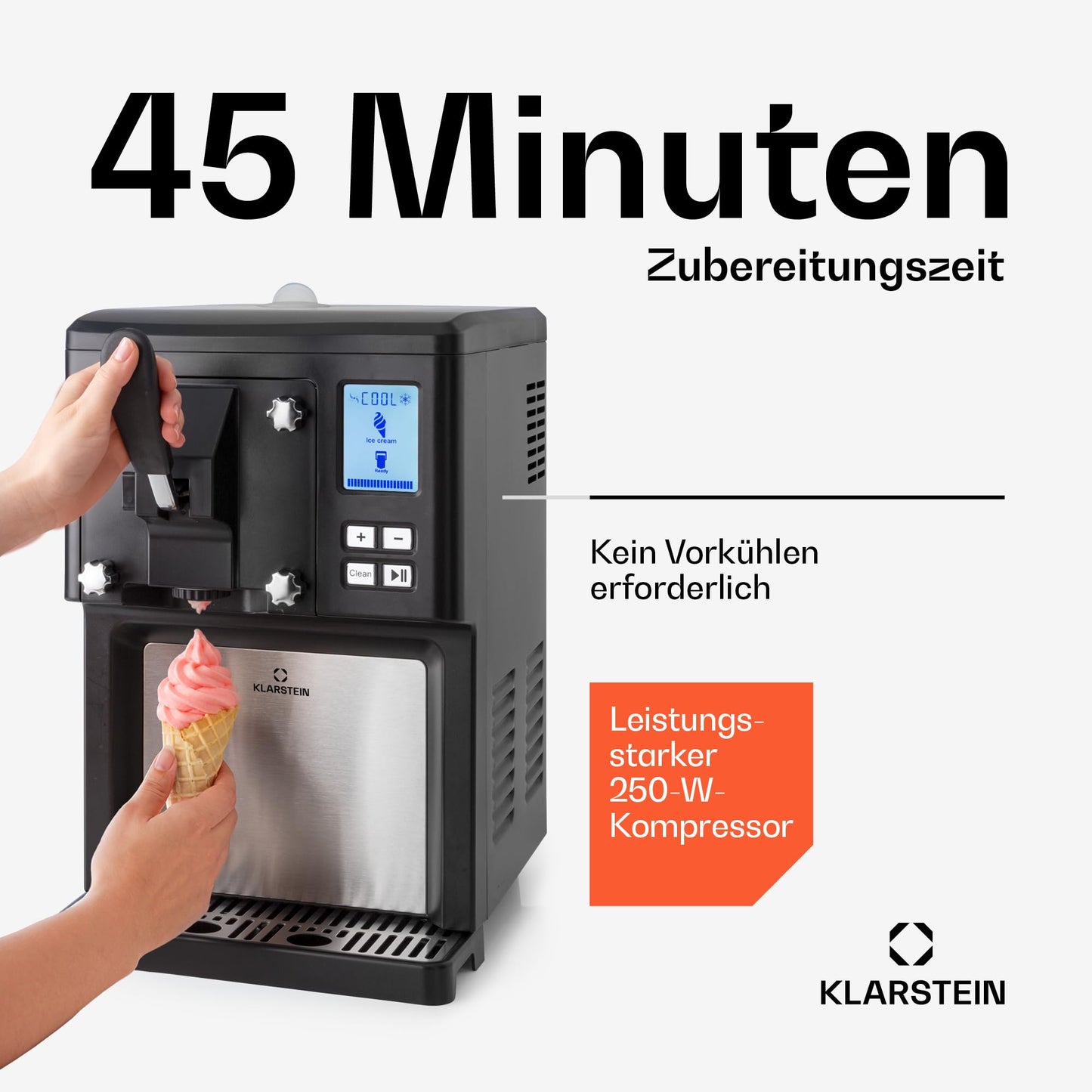 Klarstein Sweet Sundae Softeismaschine – selbstkühlender Kompressor, ohne Vorgefrieren, 1,5 l, Kühlhaltefunktion, digitaler Timer, schwarz