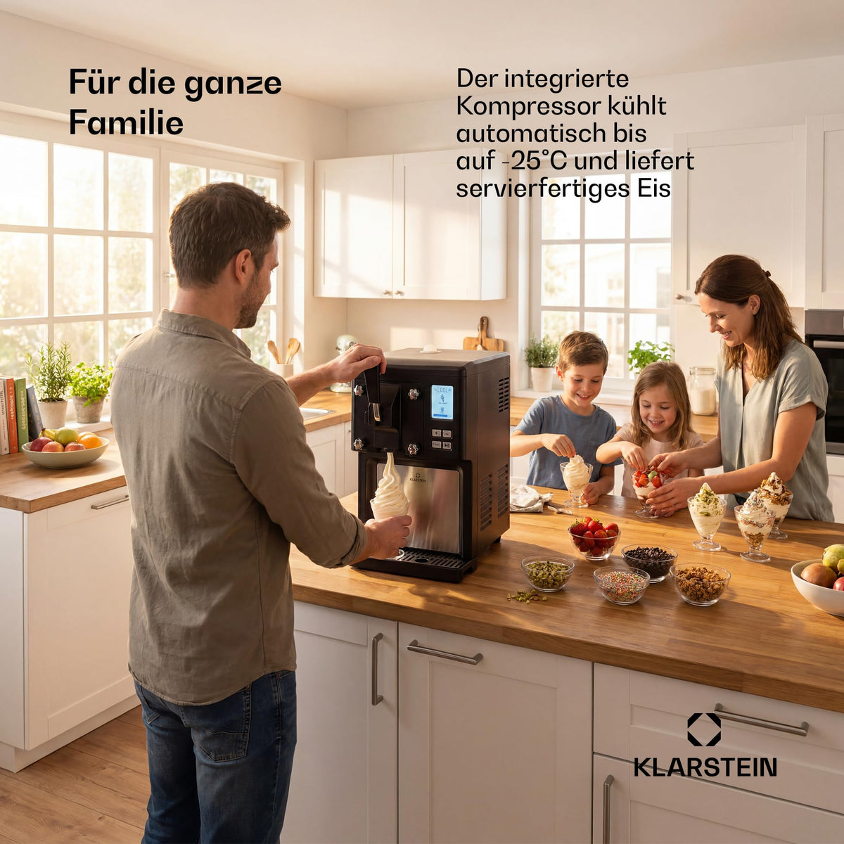 Klarstein Sweet Sundae Softeismaschine – selbstkühlender Kompressor, ohne Vorgefrieren, 1,5 l, Kühlhaltefunktion, digitaler Timer, schwarz