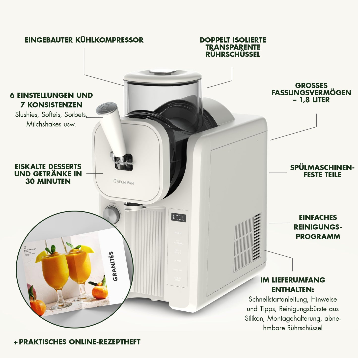 GreenPan Frost Eismaschine & Slushie-Maker, 6 Modi, 7 Texturen, selbstreinigend, kein Vorfrieren, fertig in 15 Min.