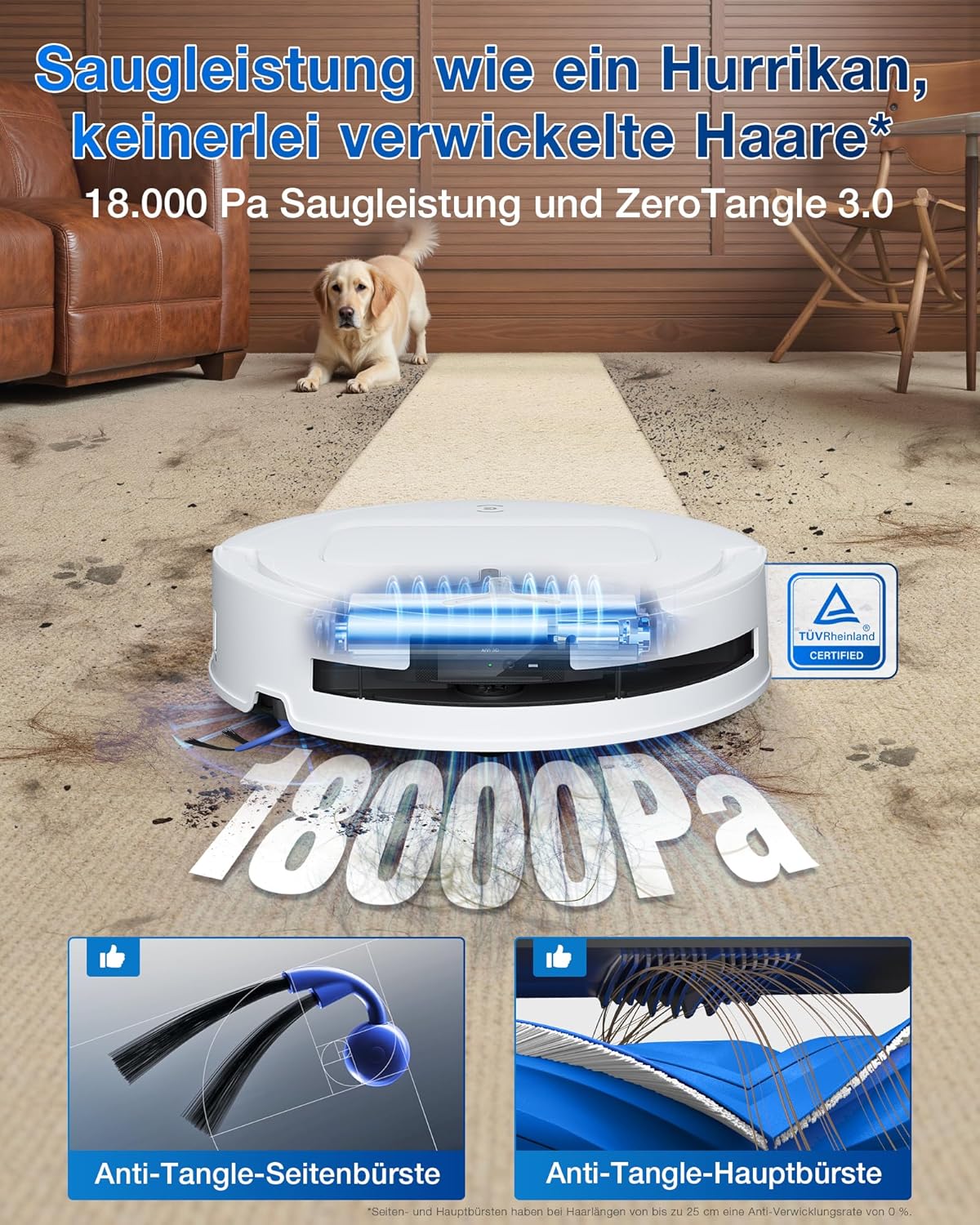 ECOVACS DEEBOT T80 OMNI Saugroboter mit Wischfunktion, 18.000 Pa, OZMO ROLLER Wischwalze mit kontinuierlicher Frischwasser-Selbstreinigung, ZeroTangle 3.0, Moppwäsche mit 40-75℃ heißem Wasser, Weiß