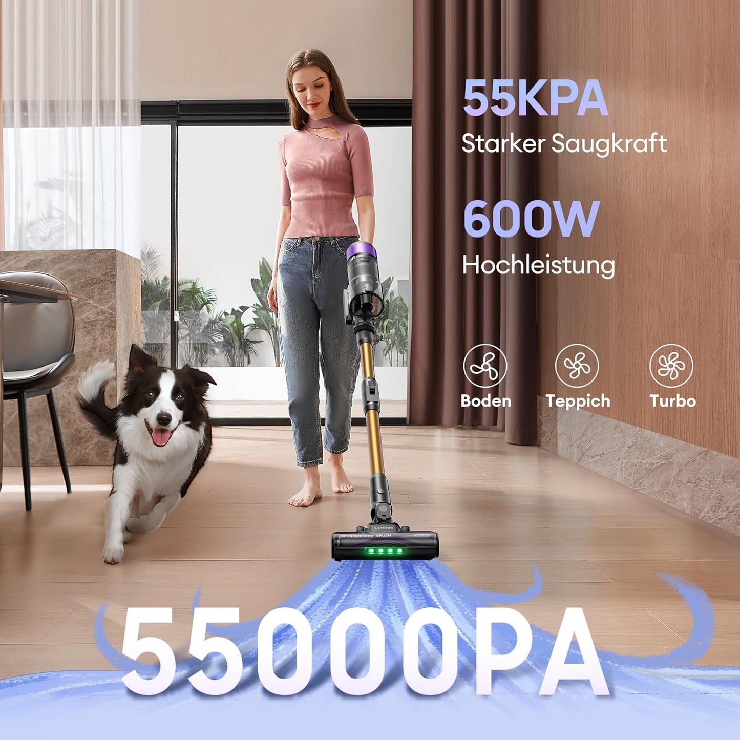 Ultenic U20 Akku Staubsauger, 55000Pa/ 600W/60Min Staubsauger Kabellos Mit Selbststehendes Design, Flexibles Biegegelenk, GreenEye-Technologie, Anti-Tangle Bodenbürste für Hartböden Teppiche Tierhaare
