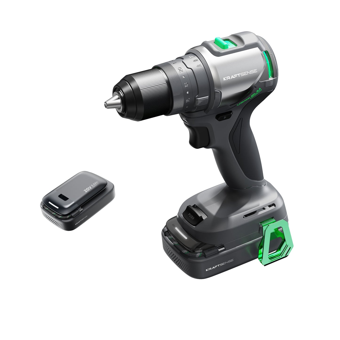 Bald erhältlich | Kraftsense U20X Slim 20V Bürstenlose 1/2" Schlagbohrmaschine, 50 N·m mit 2,0Ah Akku