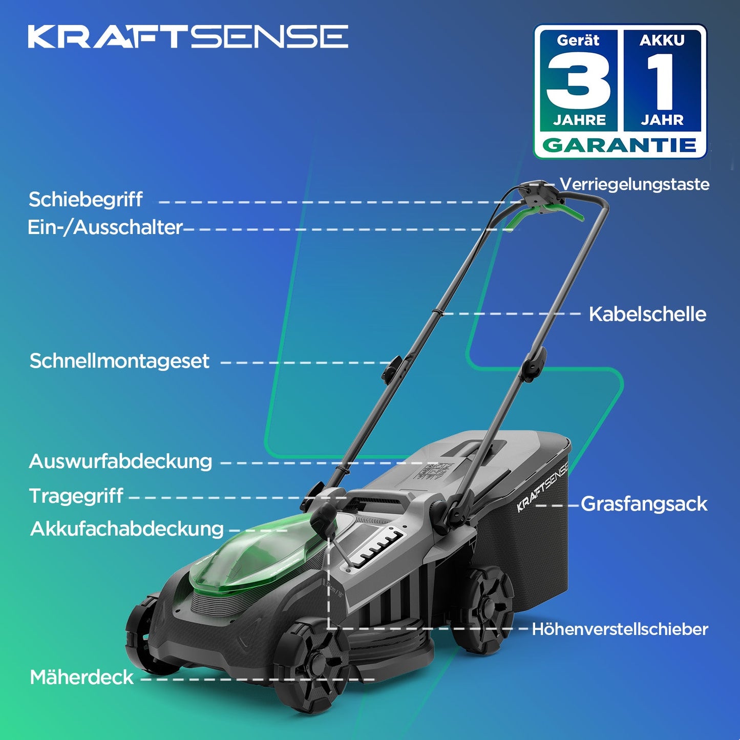 Kraftsense U20X  Slim 40V Akku-Rasenmäher bürstenlos 38 cm inkl. 2 × 5,0Ah Akkus