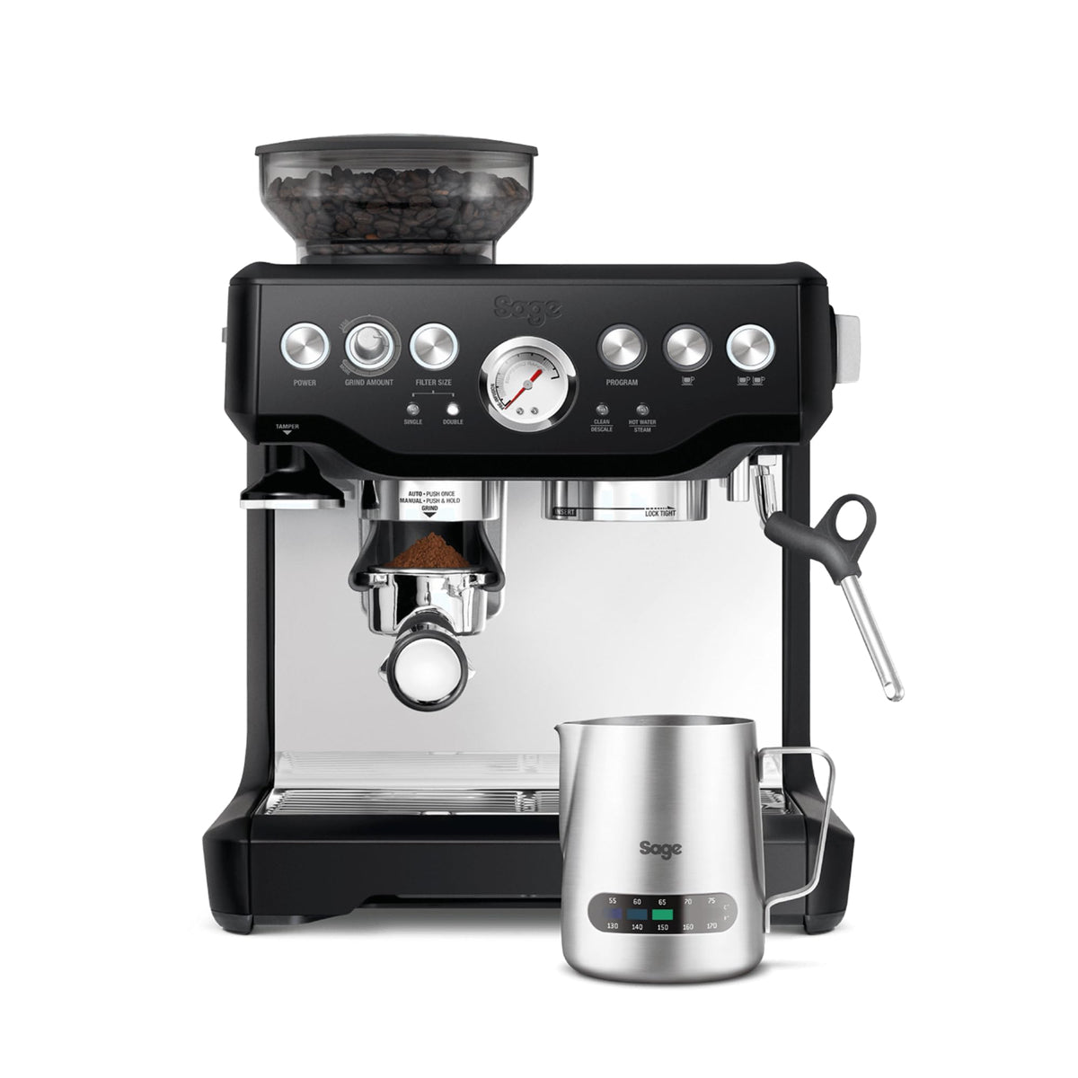 Sage - The Barista Express - Kaffeemaschine mit manuellem Milchaufschäumer & integriertem Mahlwerk - 16 Mahlgradeinstellungen, automatisches Mahlen, individueller Milchschaum - Gebürsteter Edelstahl