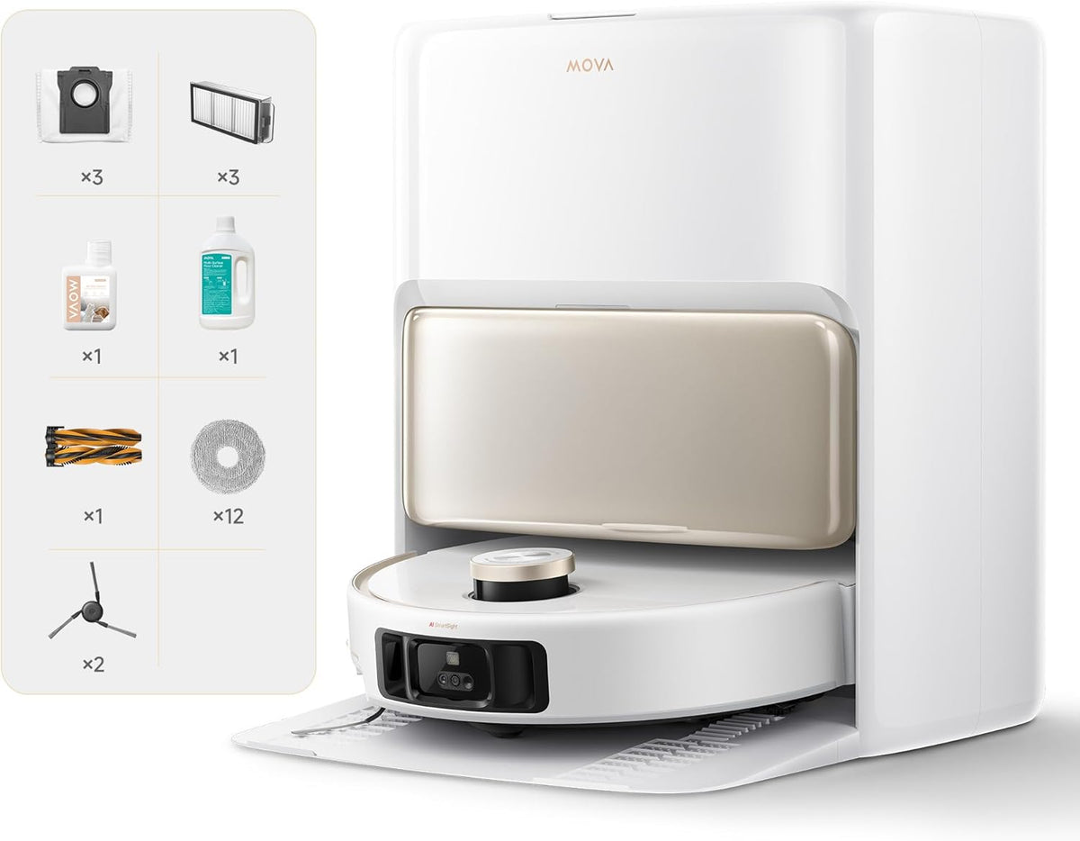 Mova V50 Ultra Complete Saugroboter mit Wischfunktion, Einer Saugkraft von 24.000 Pa, anhebbare Navigation mit 6 cm Hindernisüberwindung und Warmwasser-Wischen mit DuoSolution-System, weiß