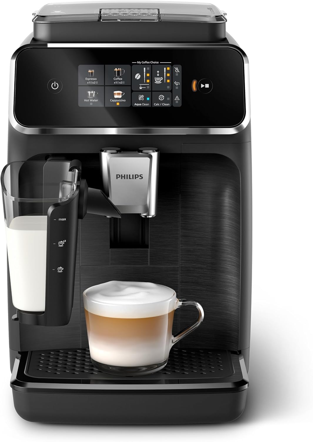 Philips 2300 Serie Vollautomatische Espressomaschine - 4 Getränke, modernes Farb-Touchscreen-Display, LatteGo-Milchsystem, SilentBrew, Keramikmahlwerk, AquaClean-Filter. Weißes Chrom (EP2333/40)