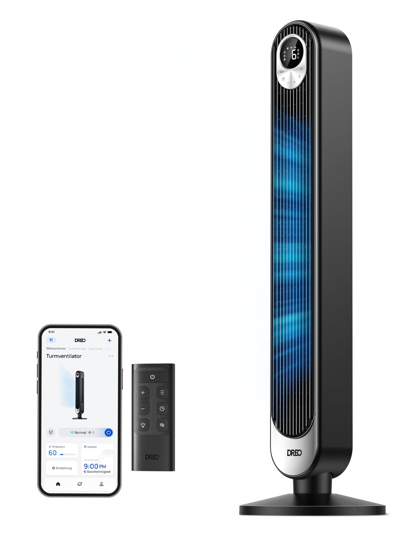 Dreo 20dB Turmventilator Leiser, 9M Windentfernung Ventilator mit Kühlung Fernbedienung, 6 Geschwindigkeitstufen 4 Modi, 90° Oszillierender Stand Ventilatoren für Schlafzimmer, Tower Fan mit 12H Timer