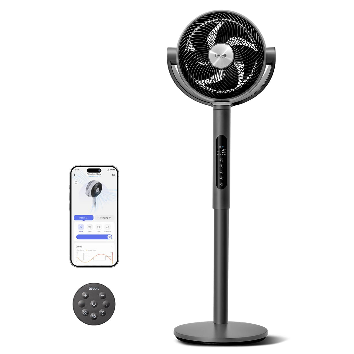 Levoit DC Motor Standventilator, 20dB sehr leiser Ventilator, 30m Wurfweite, 2465m³/h Luftvolumen, Fan mit Fernbedienung & Kühlung, Stand Ventilatoren mit 4 Modi/12 Stufen/12 Std Timer
