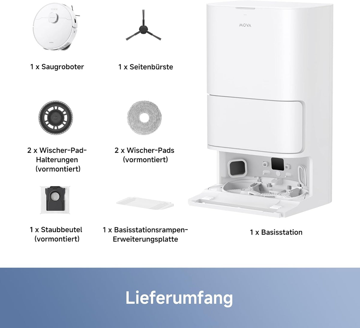 Mova E30 Ultra Roboterstaubsauger und -wischer mit automatischer Entleerung und Selbstreinigung des Wischers, 7.000Pa Saugleistung, 10,5 mm Wischeranhebung, Ultraschall-Teppicherkennung