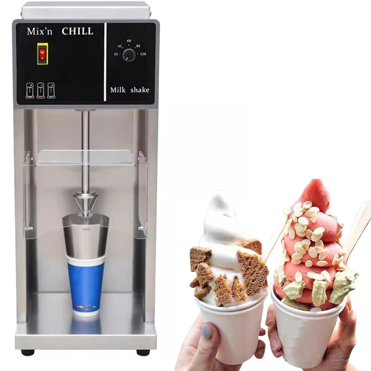 DDZJTPP Kommerzielle Eismaschine, 3.200 U/min, Milchshake-, Joghurt- & Gelato-Mixer, inkl. 3 Handbecher