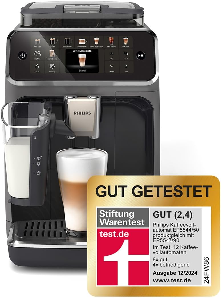 Philips Serie 5500 Kaffeevollautomat – LatteGo Milchsystem, 20 heiße und kalte Kaffeespezialitäten, 40% leiser mit SilentBrew, QuickStart, Grau (EP5544/50)