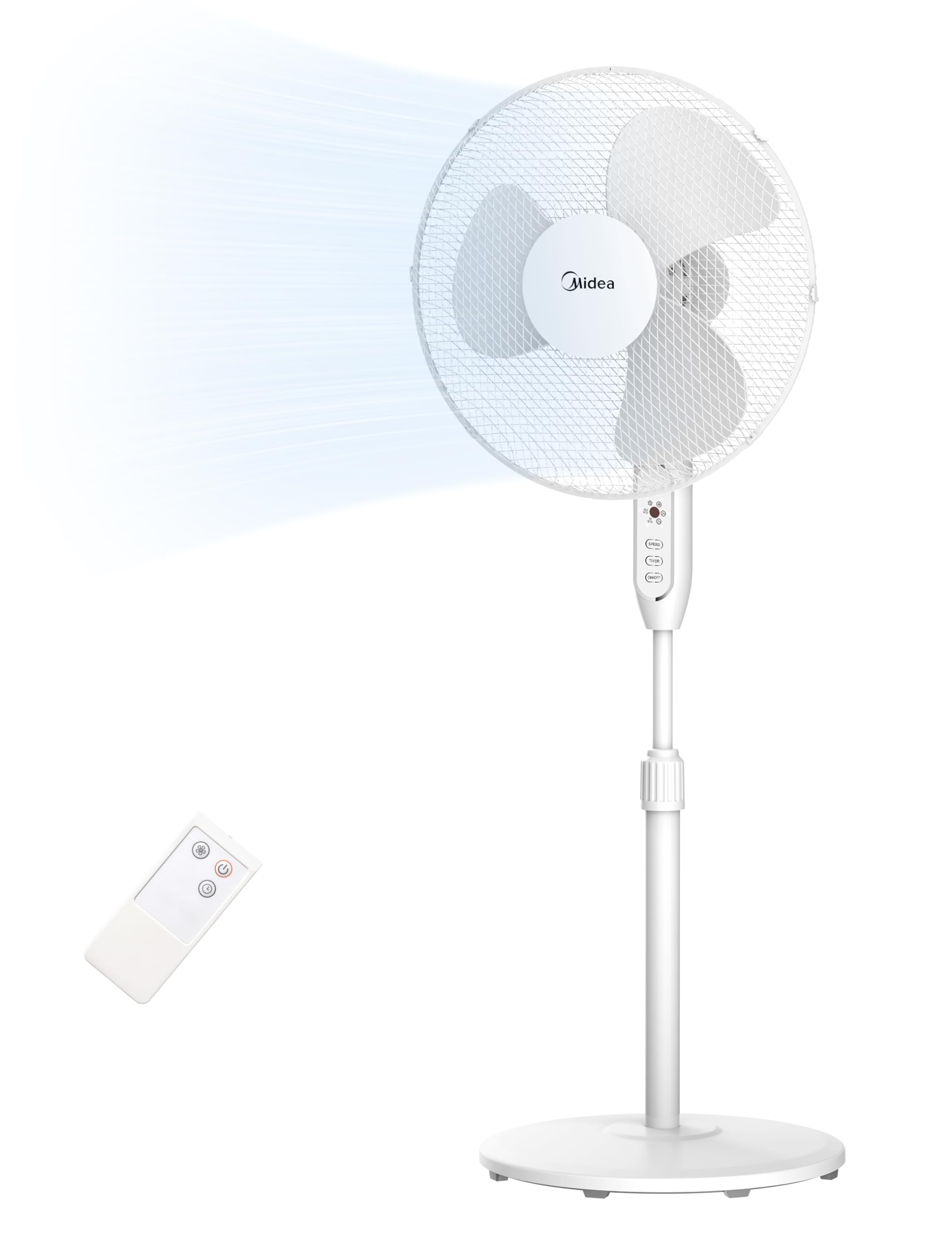 Midea FS40-15FR Standventilator Leise mit Fernbedienung, 3 Geschwindigkeitsstufen,LED Anzeige, 7,5H Timer, höhenverstellbar, 80°Oszil-lationsfunktion, 55W Kraftvoller,Ventilator,Luftzirkulation