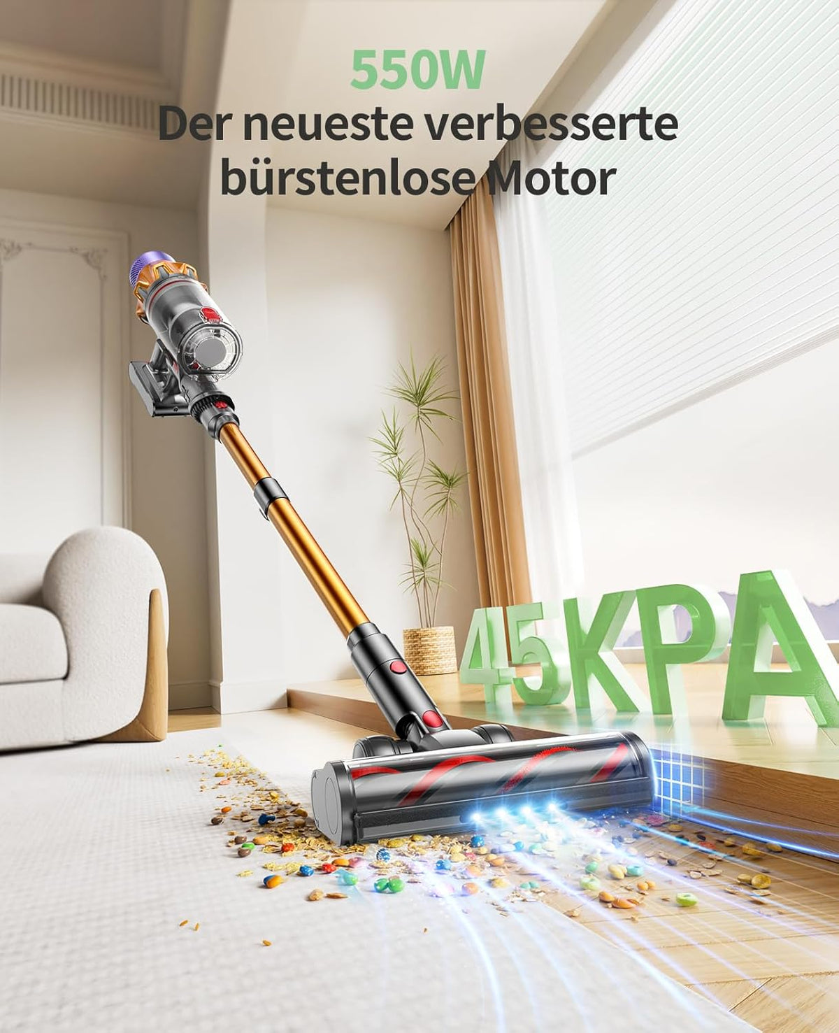 SunSare Akku Staubsauger 550W/45000Pa/60Min, Staubsauger Kabellos mit Smart Display und Ladestation, Leichter Antiverwicklung Akkusauger, Super Leise akkustaubsauger für Hartböden Teppiche Tierhaare
