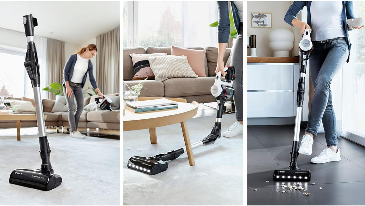 Bosch Akku-Staubsauger Unlimited 7 BSS711W, kabelloser Handstaubsauger, beutellos, Wechselakku, Knickrohr, Hygiene-Filter, 10 Jahre Motorgarantie, XXL-Polsterdüse, LED-Beleuchtung, Turbostufe, weiß