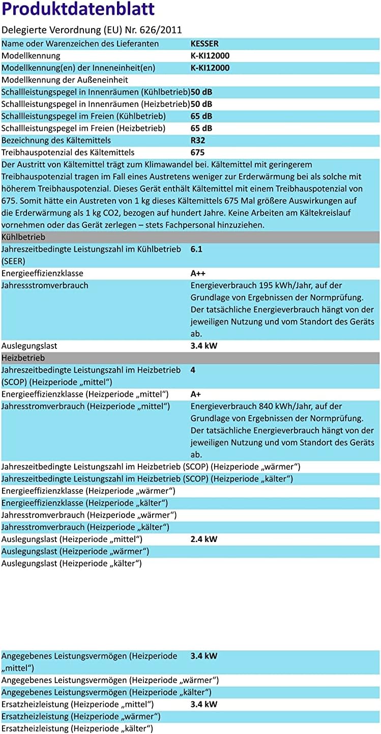 KESSER® Klimaanlage Set Split - mit WiFi/App Funktion Klimagerät - Kühlen A++/ Heizen A+ -12000 BTU/h (3.400 Watt) Kältemittel R32 - Fernbedienung, Timerfunktion - Inkl. komplettem Montagematerial