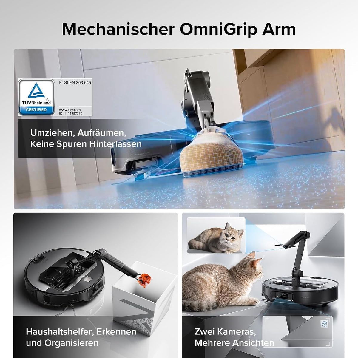 roborock Saros Z70 Saugroboter mit Wischfunktion, OmniGrip Arm, KI-gestützt, 22.000 Pa Saugkraft, 7.98 cm Ultra Slim, FlexiArm Riser, AdaptiLift Chassis, Heißwasser Mopp Waschen & Trocknen(Silber)
