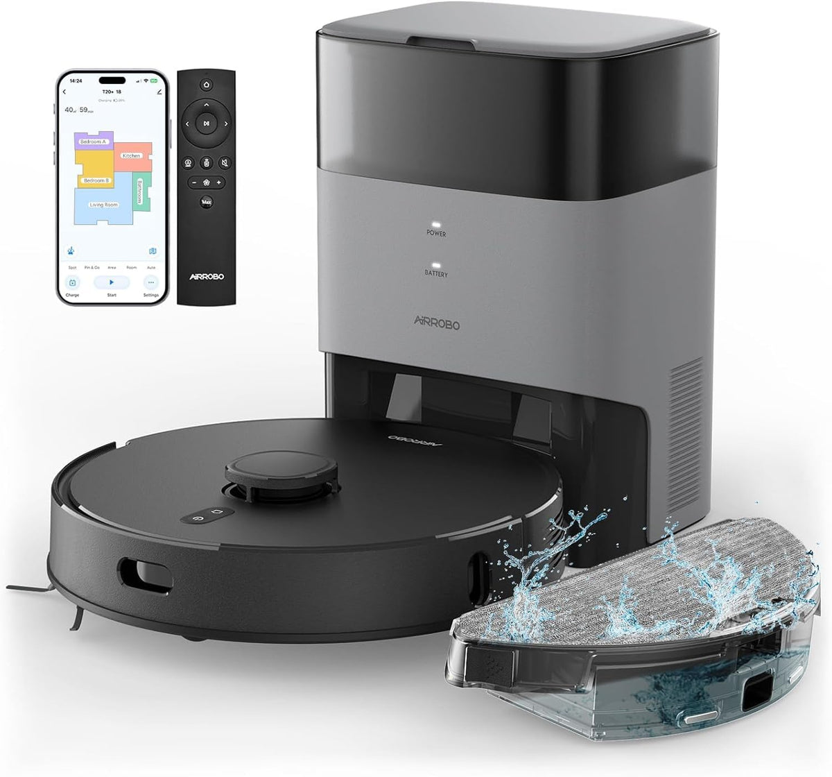 AIRROBO T20+ Saugroboter mit Wischfunktion, 3.5L Staubsauger Roboter mit Absaugstation, 180Min Laufzeit, LiDAR Navigation, Starke Saugkraft ideal für Teppich und Tierhaare, APP Steuerung