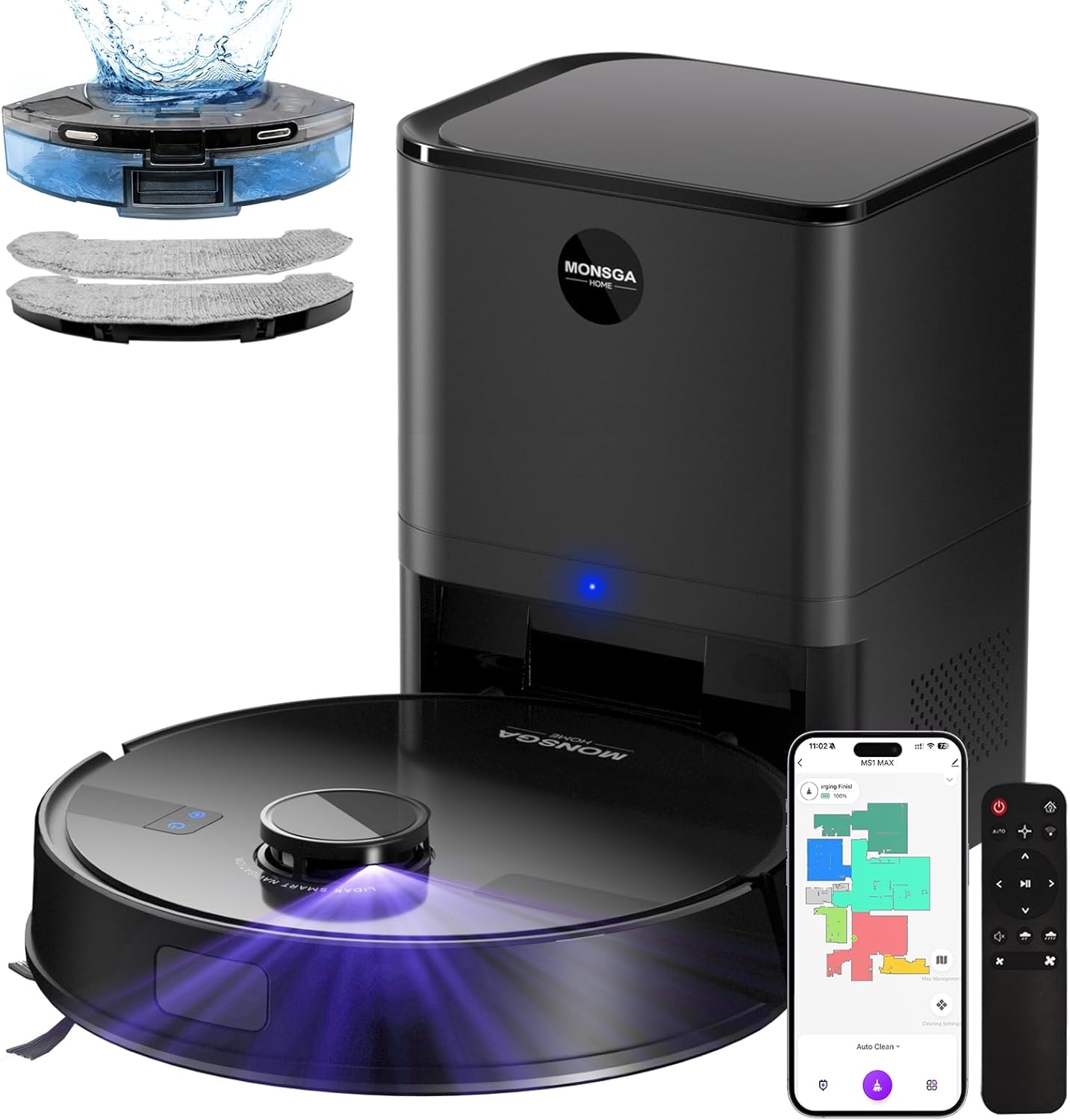 MONSGA Saugroboter mit Wischfunktion, 3.5L Staubsauger Roboter mit Absaugstation, 5000Pa Saugkraft, 180Min Laufzeit, LiDAR Navigation, Starke Saugkraft ideal für Teppich und Tierhaare, APP Steuerung