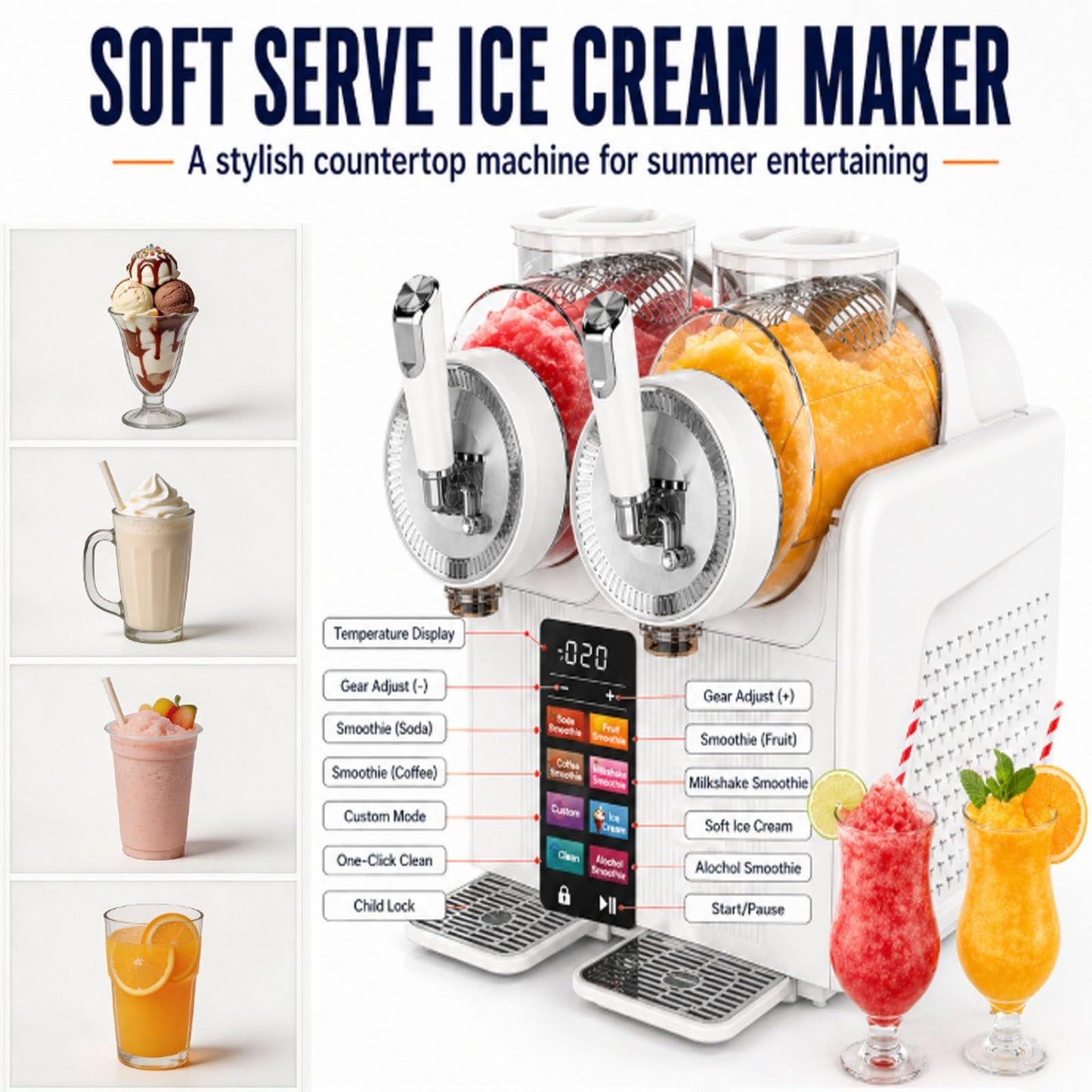 Slushie Maker 7-in-1, Softeis- & Slush-Maschine mit 2 × 2L Tanks, 430W, automatische Reinigung, für Zuhause & Café