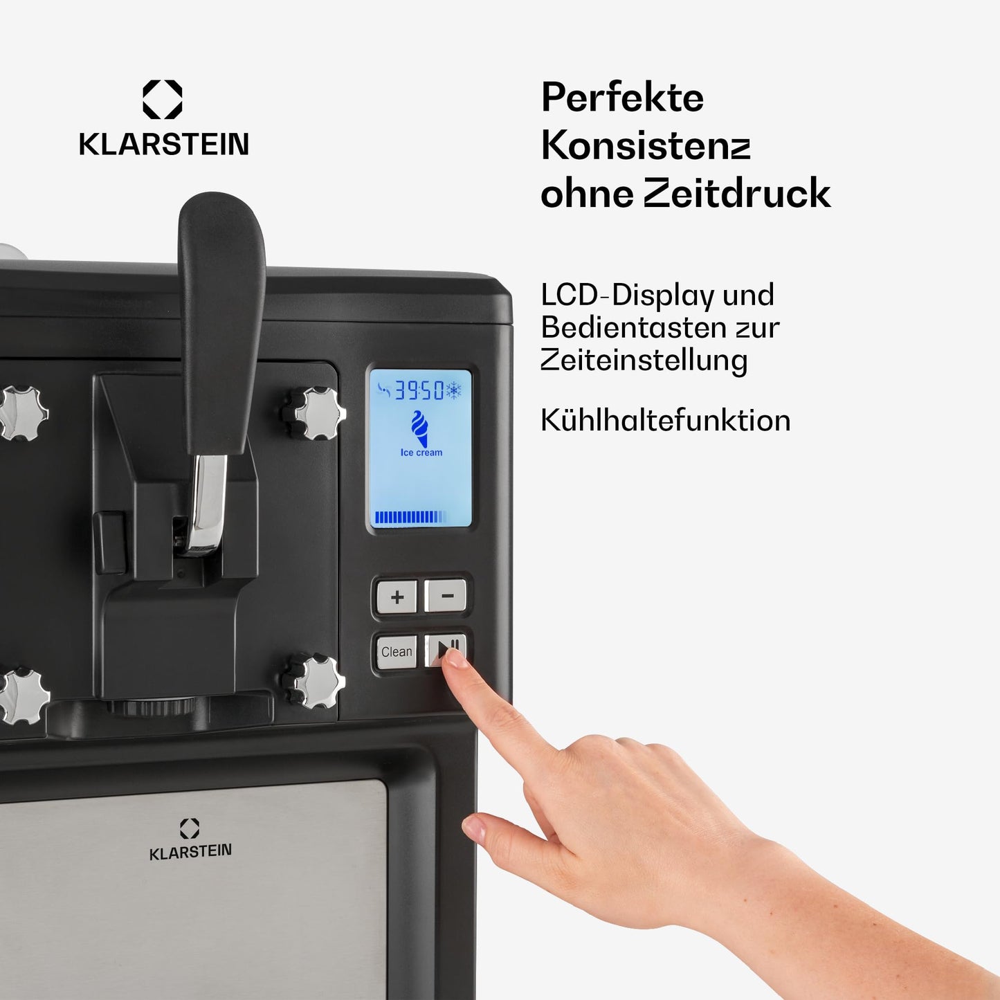 Klarstein Sweet Sundae Softeismaschine – selbstkühlender Kompressor, ohne Vorgefrieren, 1,5 l, Kühlhaltefunktion, digitaler Timer, schwarz