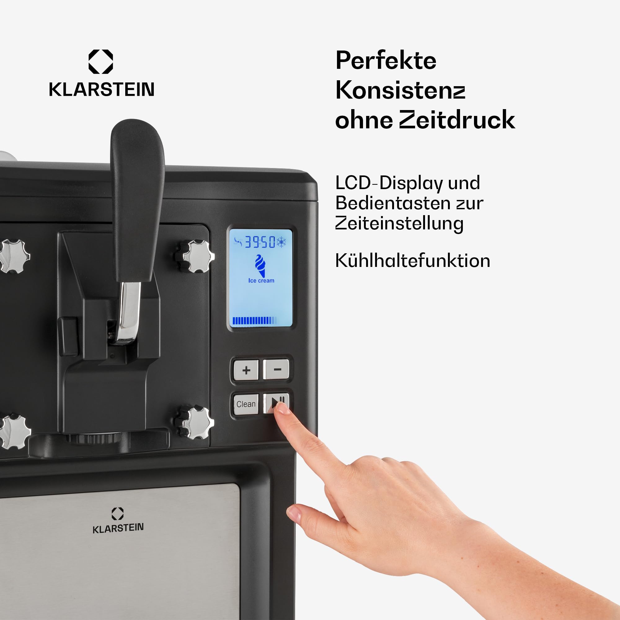 Klarstein Sweet Sundae Softeismaschine – selbstkühlender Kompressor, ohne Vorgefrieren, 1,5 l, Kühlhaltefunktion, digitaler Timer, schwarz
