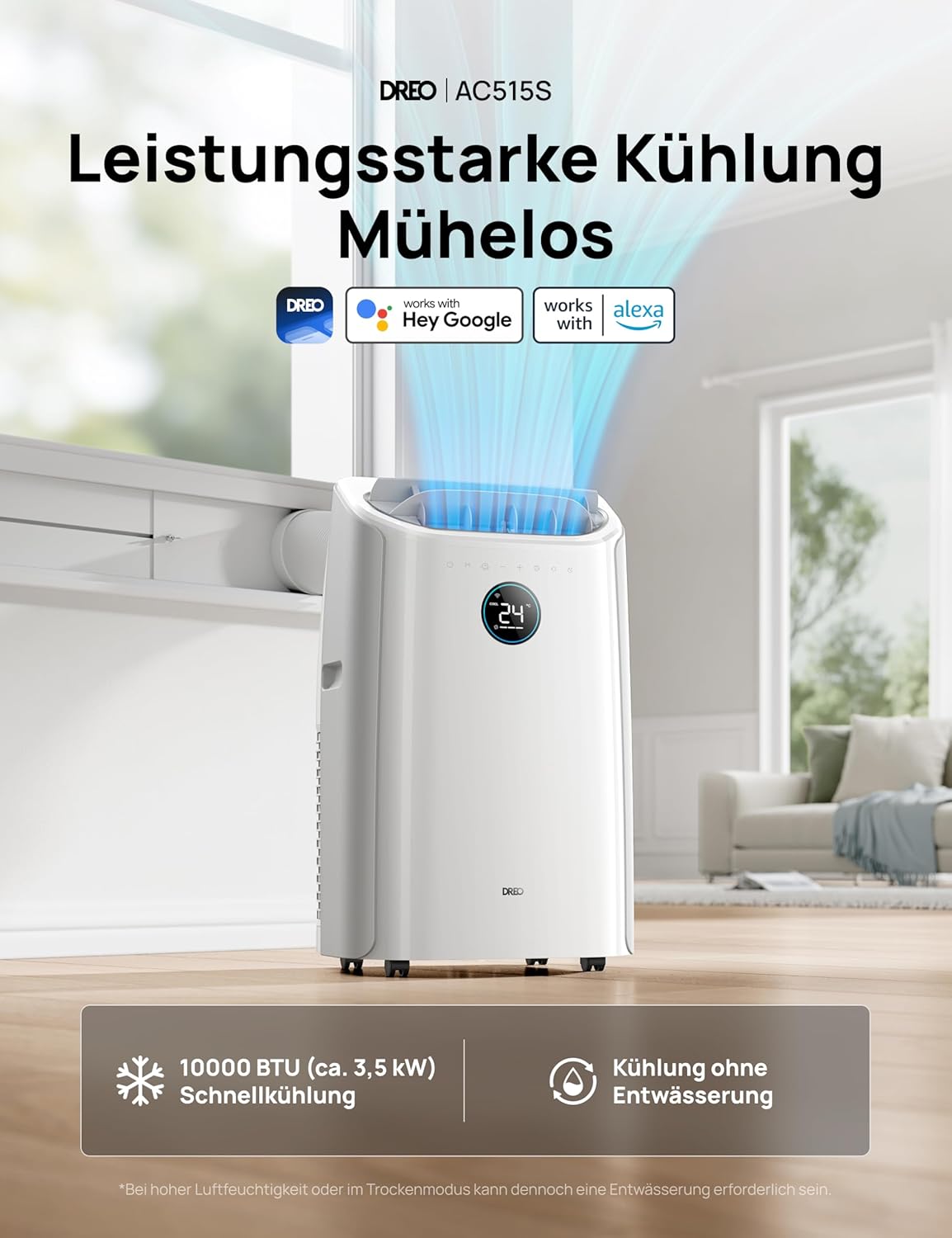 Dreo Tragbare Klimaanlagen, 10.000 BTU AC Einheit für Schlafzimmer mit Drainagefreier Kühlung, APP/Stimme/Fernbedienung, 24h Timer mit Ventilator & Luftentfeuchter, AC515S