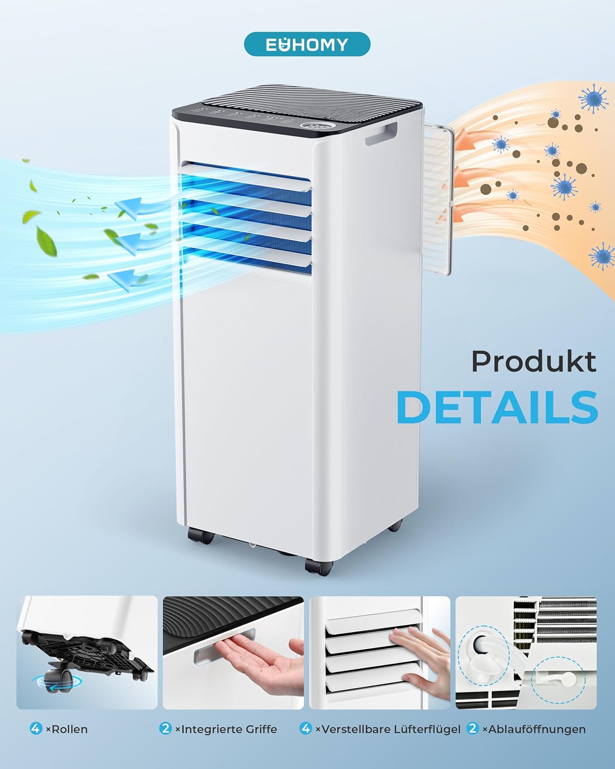 Mobile Klimaanlage 9000 BTU mit Abluftschlauch | 4-in-1 Mobiles Klimagerät | Leiser Betrieb <48 dB | Digitaldisplay + Fernbedienung | Fenster-Installationsset | 24h-Timer | Für Räume bis 25 m²