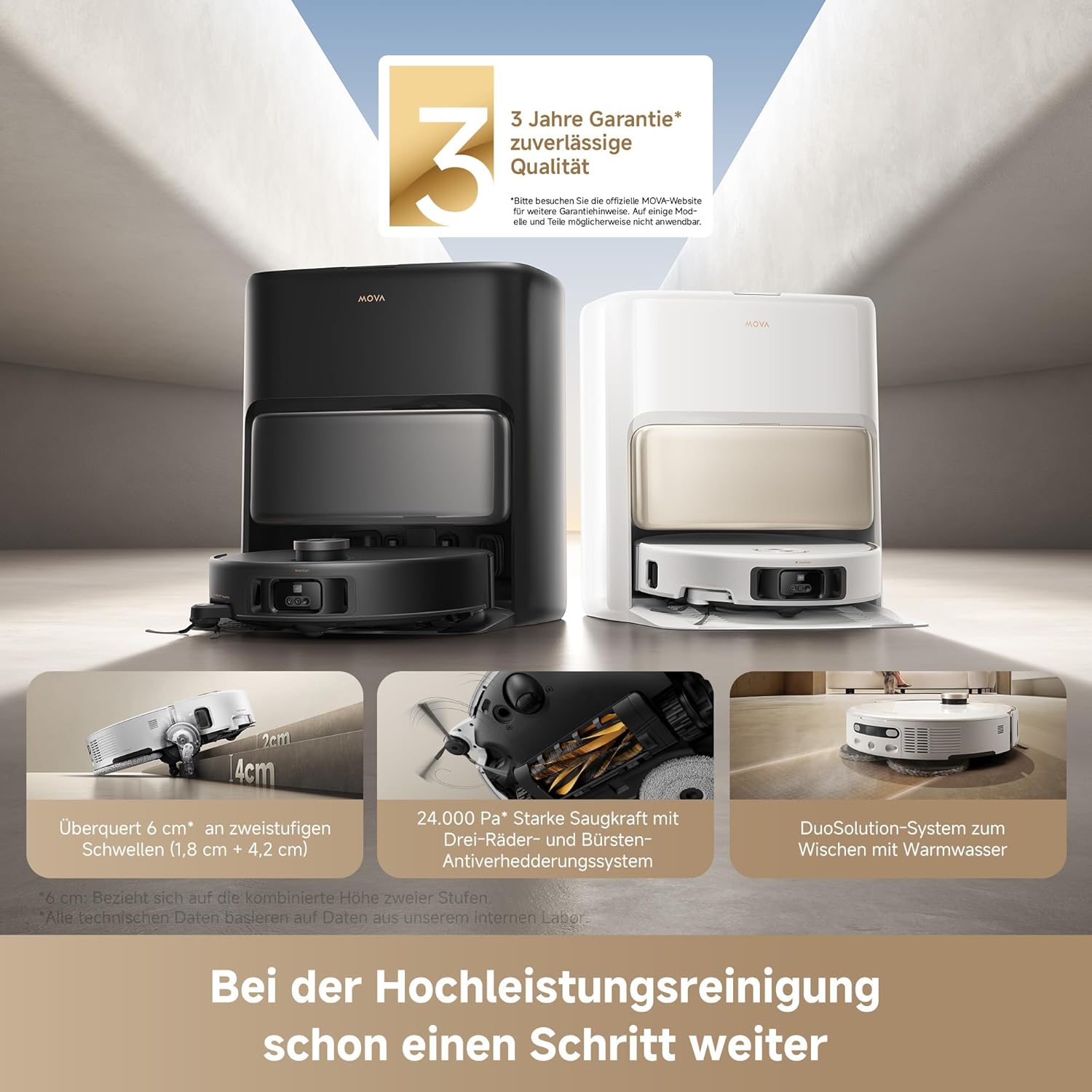 Mova V50 Ultra Complete Saugroboter mit Wischfunktion, Einer Saugkraft von 24.000 Pa, anhebbare Navigation mit 6 cm Hindernisüberwindung und Warmwasser-Wischen mit DuoSolution-System, weiß