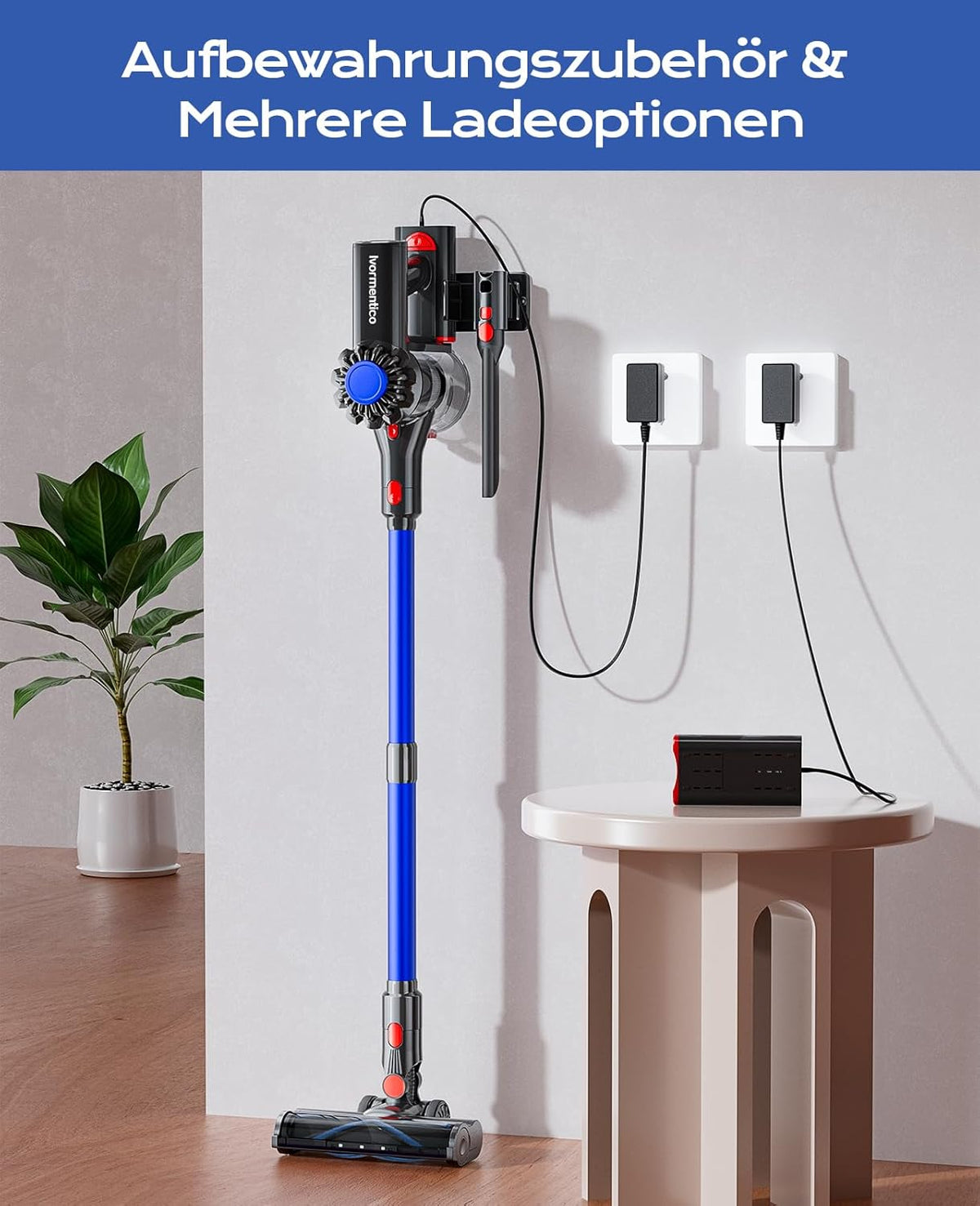 Ivormentico Akku Staubsauger, Staubsauger Kabellos 50Mins/40KPA/450W, Akkustaubsauger mit Geen LED, Kabelloser Staubsauger mit Aufgerüstete Bodenbürste, Staubsauger Akku für Tierhaare, Dunkelblau
