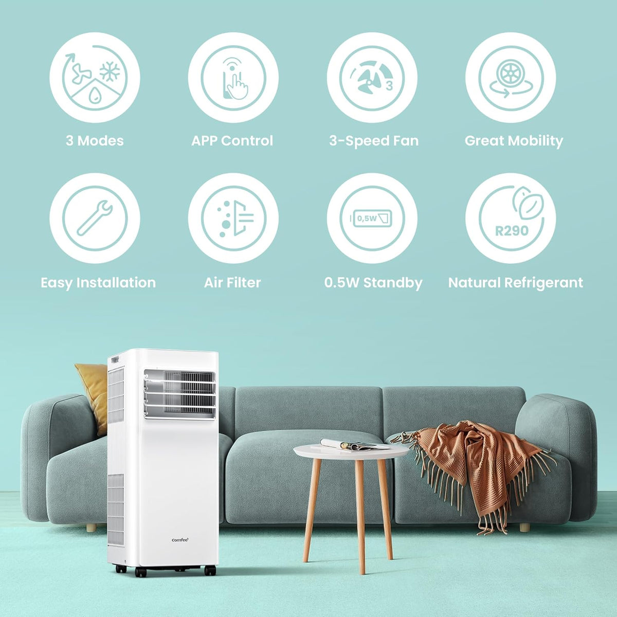 Comfee Mobiles Klimagerät Breezy Cool Pro 2.6,9000 BTU 2,6kW, Kühlen&Ventilieren&Entfeuchten,APP-Steuerung,Raumgröße bis 88m³(33㎡),Mobile Klimaanlage mit Abluftschlauch [Energieklasse A]