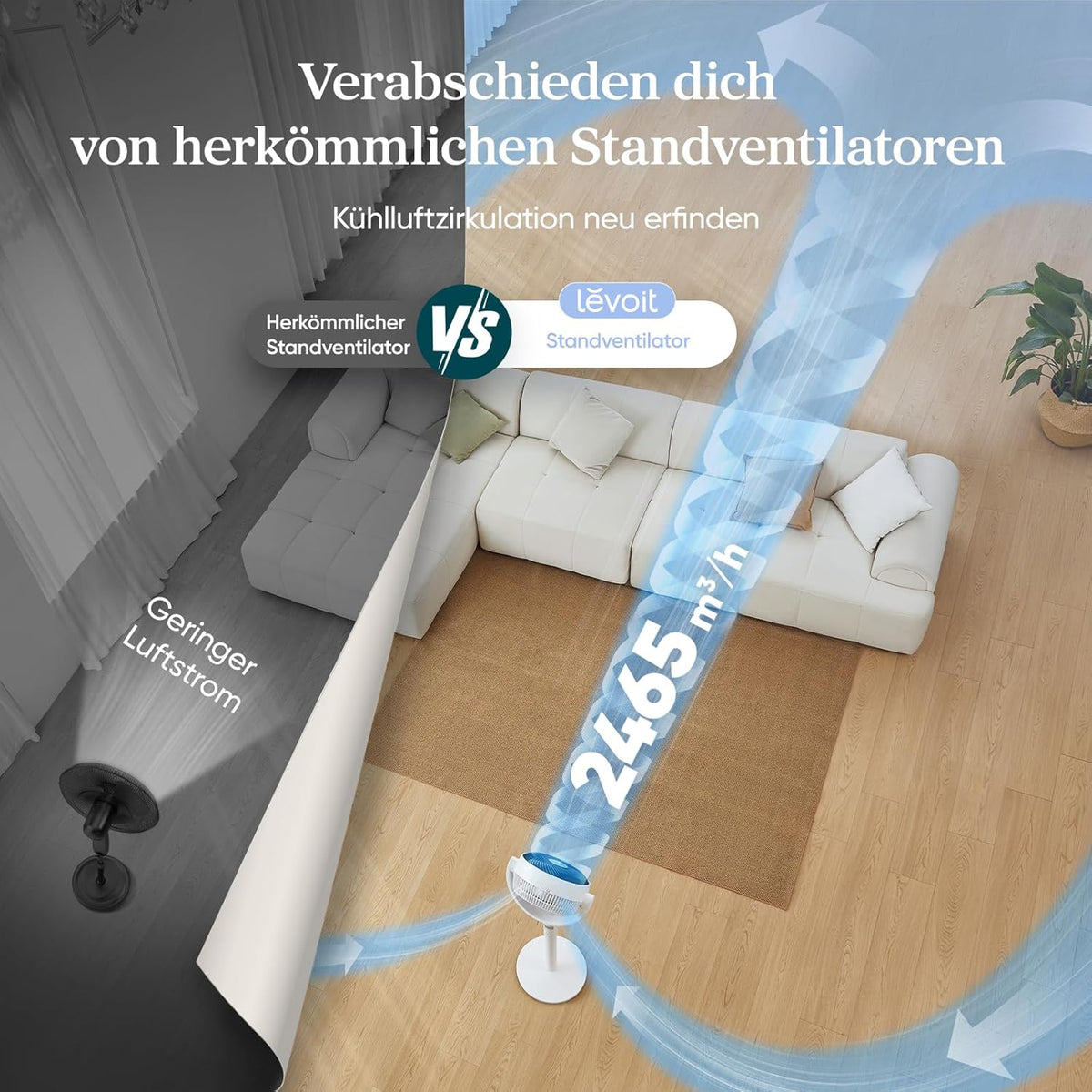 Levoit DC Motor Standventilator, 20dB sehr leiser Ventilator, 30m Wurfweite, 2465m³/h Luftvolumen, Fan mit Fernbedienung & Kühlung, Stand Ventilatoren mit 4 Modi/12 Stufen/12 Std Timer