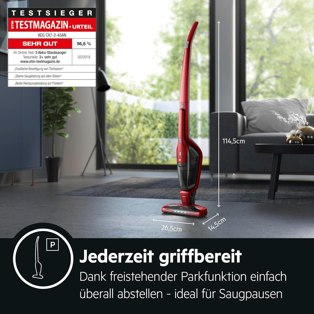 AEG Ergorapido 2in1 Akku Staubsauger, Beutellos, inkl. Tierhaardüse, bis zu 45 Min. Laufzeit, Freistehend, 180° Drehgelenk, Bürstenreinigungsfunktion, LED-Frontlichter, Rot, CX7-2-45AN
