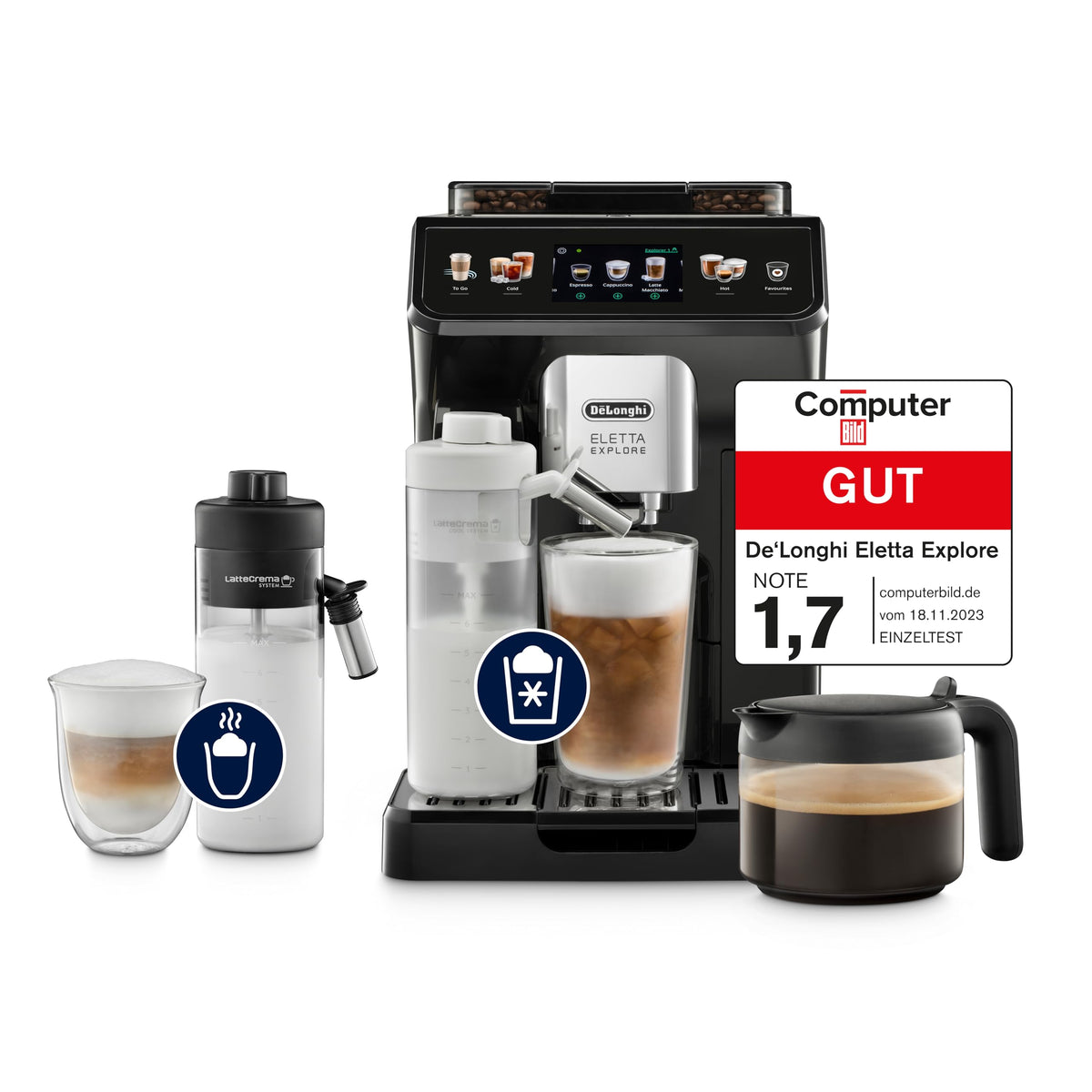 De'Longhi Eletta Explore Cold Brew ECAM452.67.G Kaffeevollautomat mit LatteCrema Milchsystem, Heiße & Kalte Getränke auf Knopfdruck, 3,5 Zoll TFT Touchscreen Farbdisplay, inkl. Kaffeekanne, Dunkelgrau