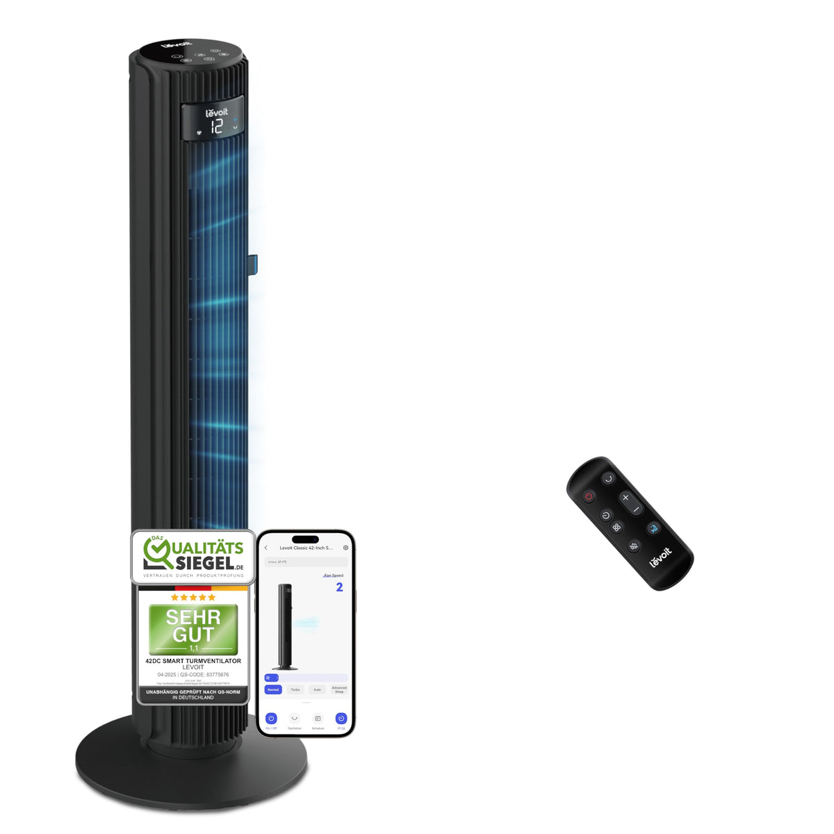 Levoit - Ventilator Leise - Turmventilator mit Kühlung - Tower Fan mit Fernbedienung - Oszillierender Säulenventilator mit Fortschrittlichem Schlafmodu - 5 Geschwindigkeiten 4 Modi 12Std Timer - Grau