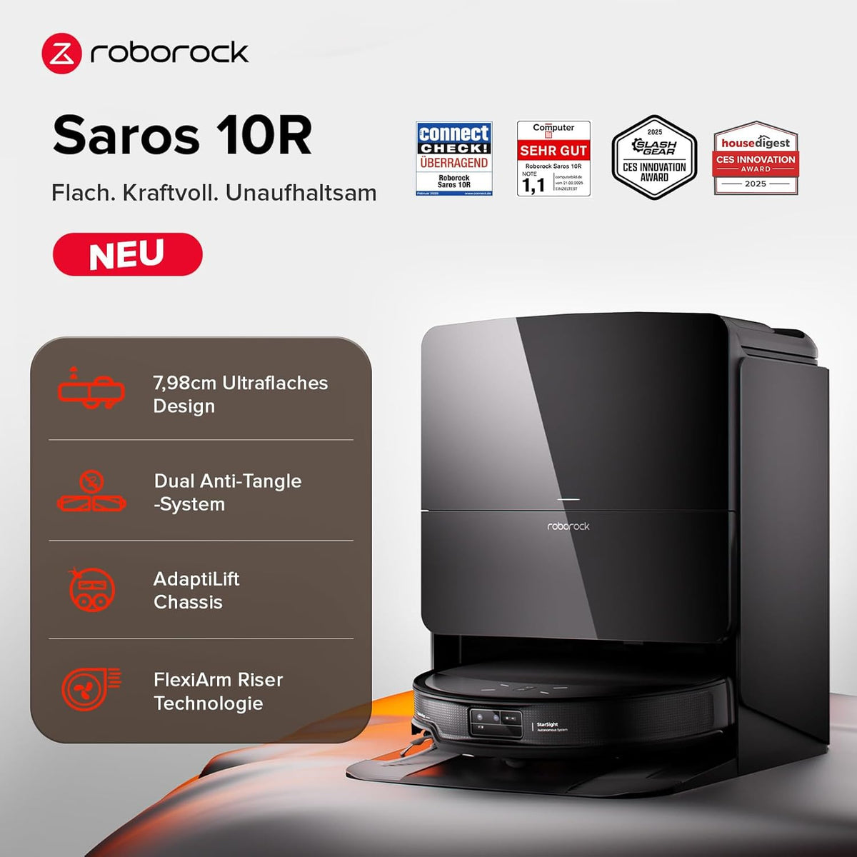 roborock Saros 10R Saugroboter mit Wischfunktion&angebbarem Wischmopp, 7,98cm Ultra-Slim Design, StarSight System 2.0, Zero-Tangle System