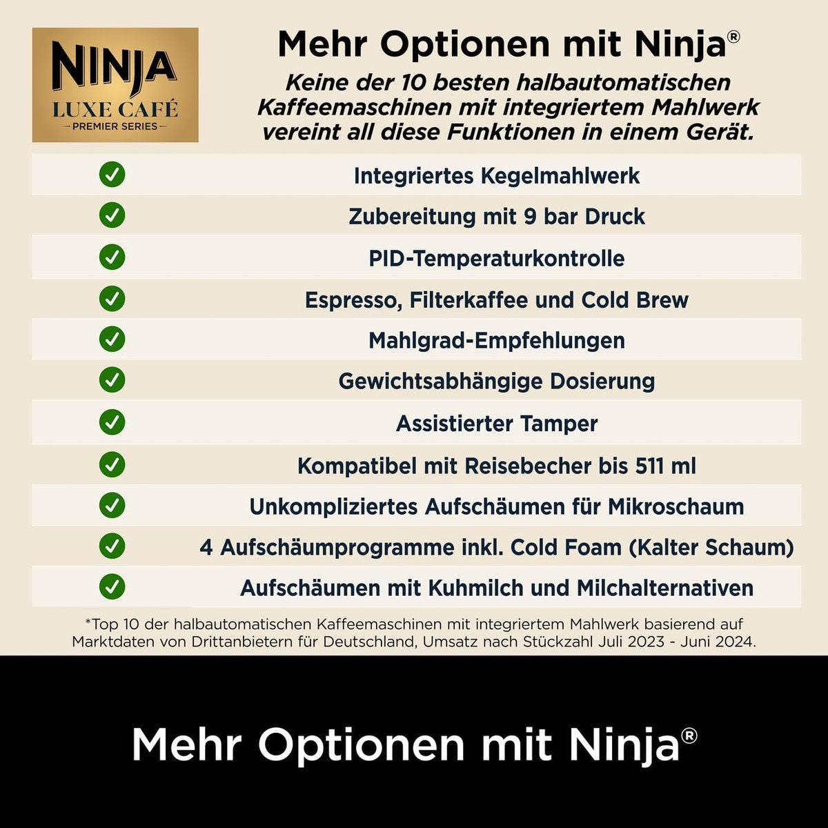 Ninja Luxe Premier 3-in-1-Kaffeemaschine mit Mahlwerk und Aufschäumer für Latte, Cappuccino, Cold Brew & Espresso, einfache Handhabung, 4 Voreinstellungen zum Aufschäumen, Silber, ES601EU