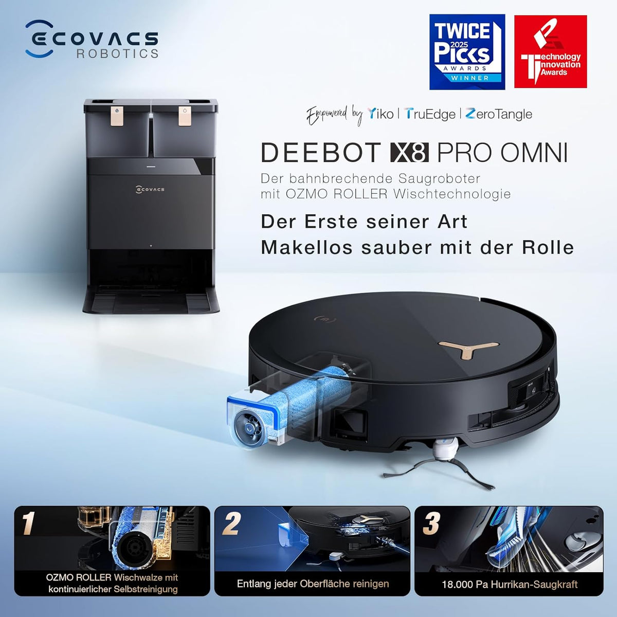 ECOVACS DEEBOT X8 PRO Omni Saugroboter mit Wischfunktion, OZMO Roller mit kontinuierliches Wischen & Selbstreinigung, 18.000 Pa, 12-in-1 Station, 40–75 °C Heißwasser-Moppreinigung, YIKO-GPT