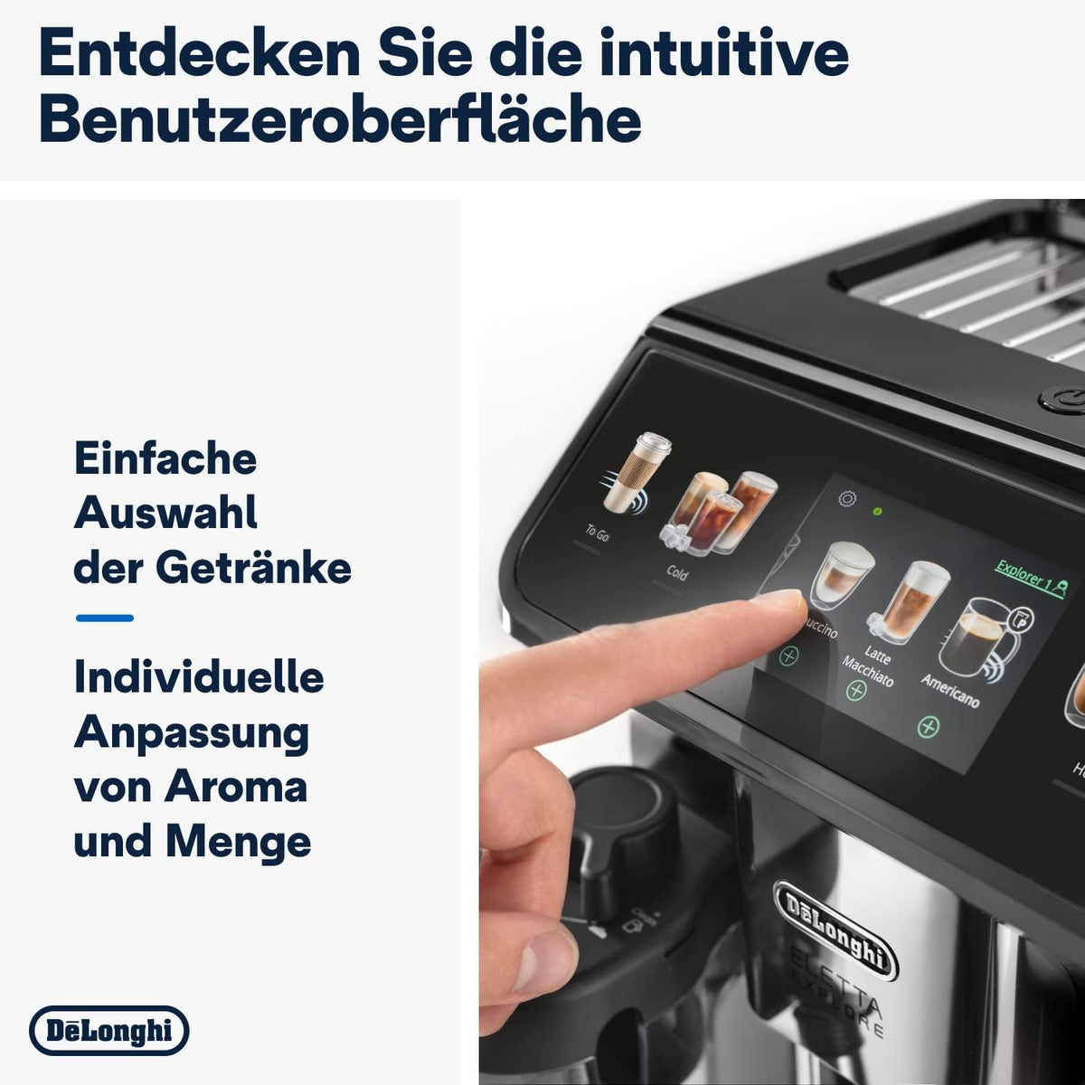 De'Longhi Eletta Explore Cold Brew ECAM452.67.G Kaffeevollautomat mit LatteCrema Milchsystem, Heiße & Kalte Getränke auf Knopfdruck, 3,5 Zoll TFT Touchscreen Farbdisplay, inkl. Kaffeekanne, Dunkelgrau