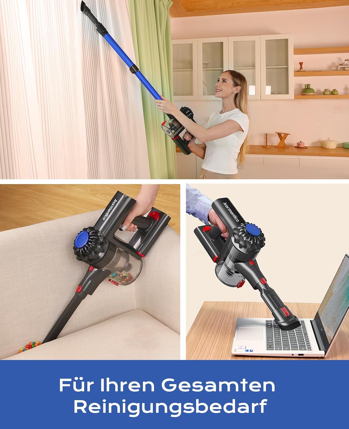 Ivormentico Akku Staubsauger, Staubsauger Kabellos 50Mins/40KPA/450W, Akkustaubsauger mit Geen LED, Kabelloser Staubsauger mit Aufgerüstete Bodenbürste, Staubsauger Akku für Tierhaare, Dunkelblau