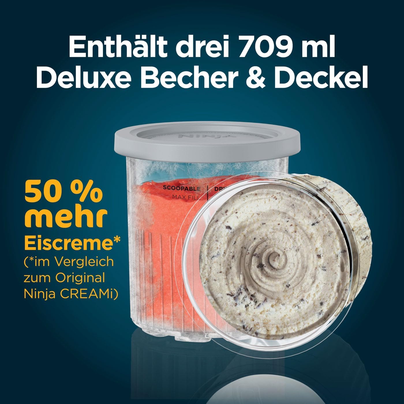Ninja CREAMi Deluxe Eis-und Eisgetränkmaschine mit 3 Bechern, 10 Funktionen, macht Eiscreme, Gelato, Sorbet, Frozen Yoghurt, Milchshakes, Slushi & mehr, 2-in-1 Geschmacksoption, Silber, NC501EU