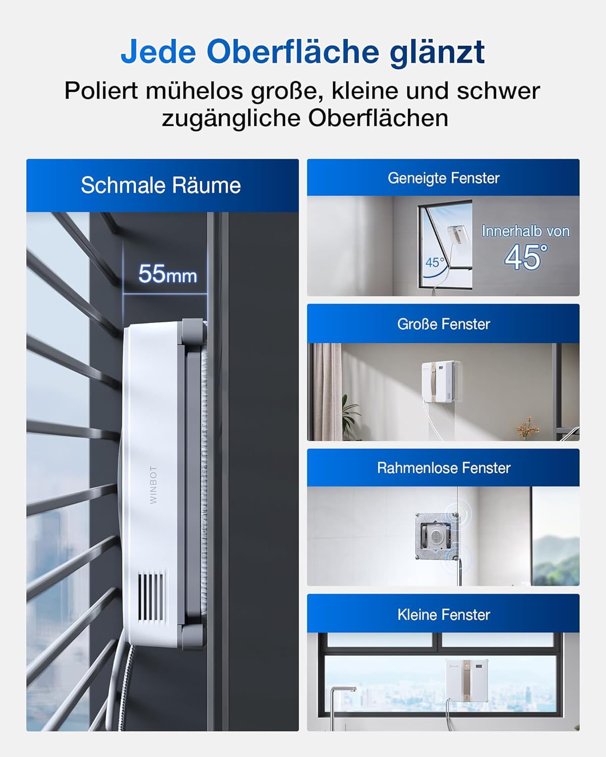 ECOVACS WINBOT MINI Fensterputzroboter, kompaktes Design, Doppel-Düsen mit Ultraschall-Zerstäubung, 9-Stufen-Schutzsystem, intelligente Pfadplanung, 4 Reinigungsmodi, Anti-Rutsch-System, Weiß